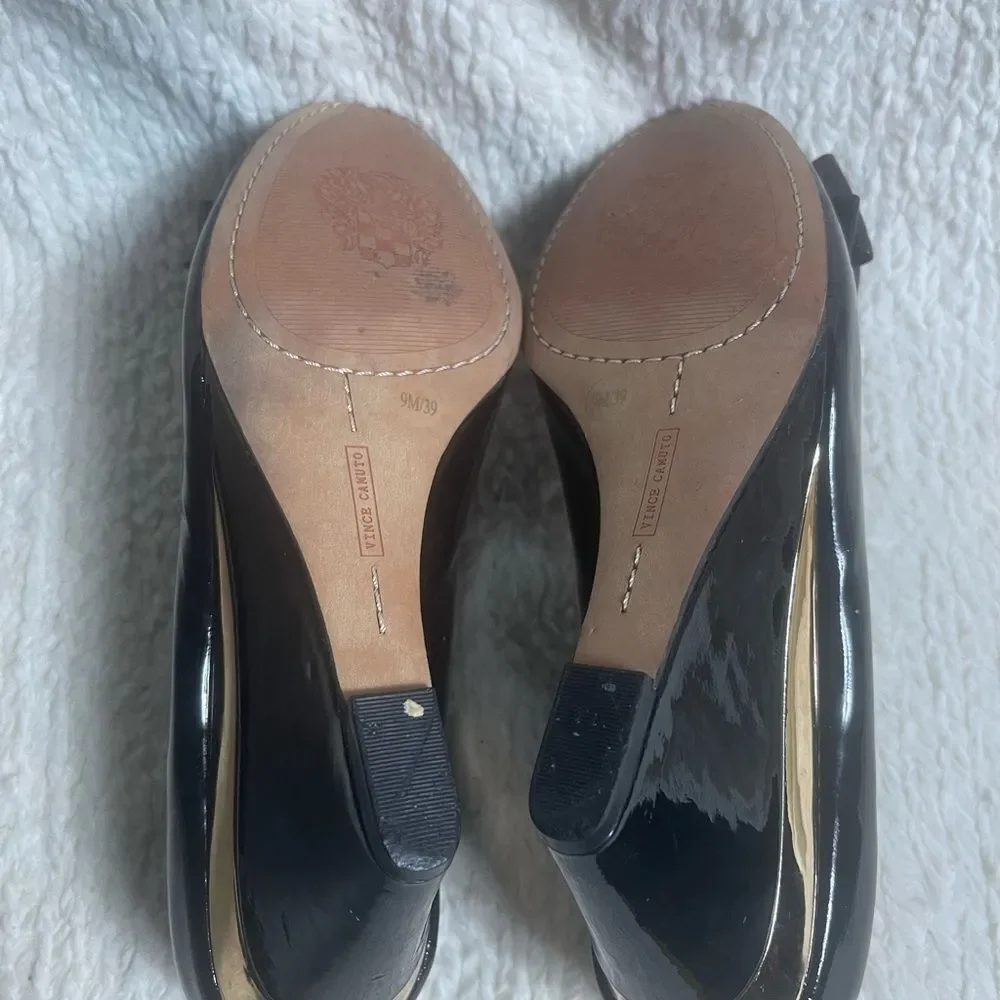 Vince Camuto leather patent Black Wedge Shoes peep toe with Bow Accent SZ9M